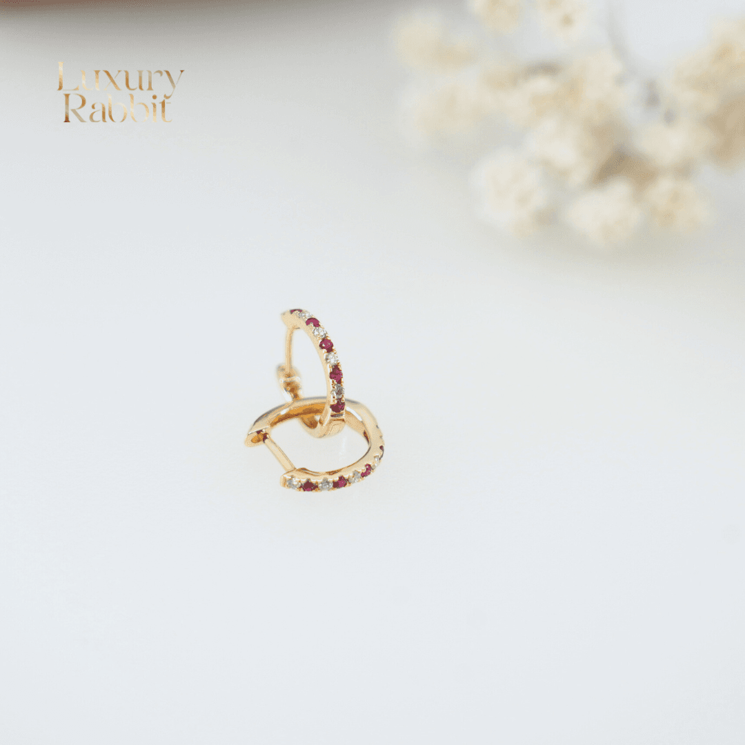 14K Gold Ruby & Natural Diamond Hoop Earrings