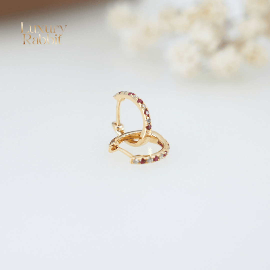 14K Gold Ruby & Natural Diamond Hoop Earrings
