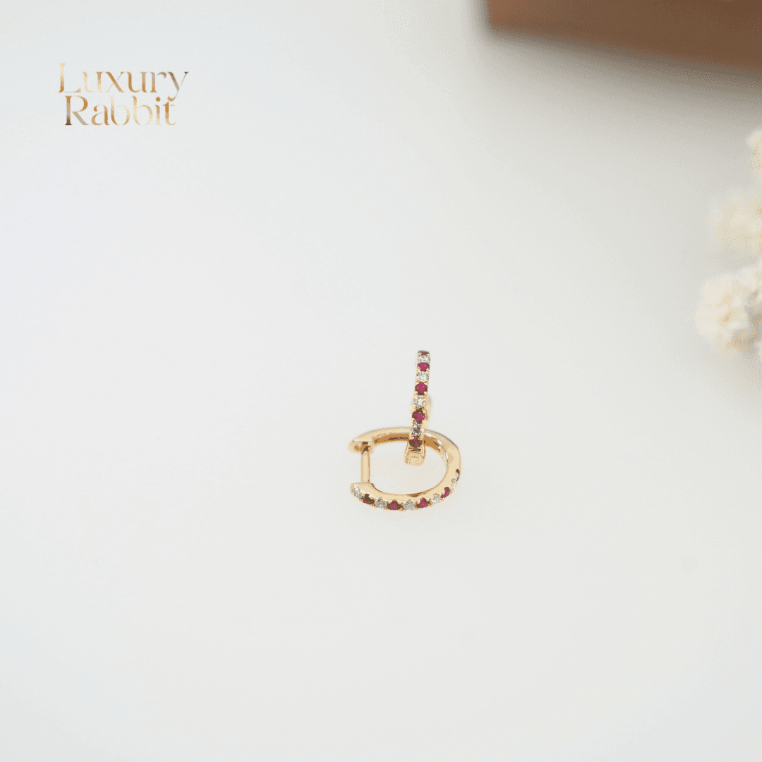 14K Gold Ruby & Natural Diamond Hoop Earrings