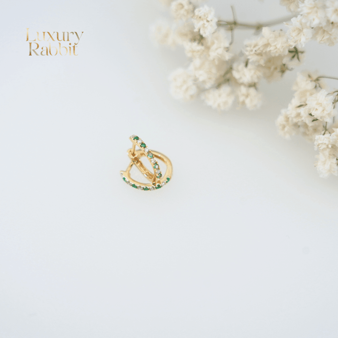 14K Gold Emerald & Natural Diamond Hoop Earrings