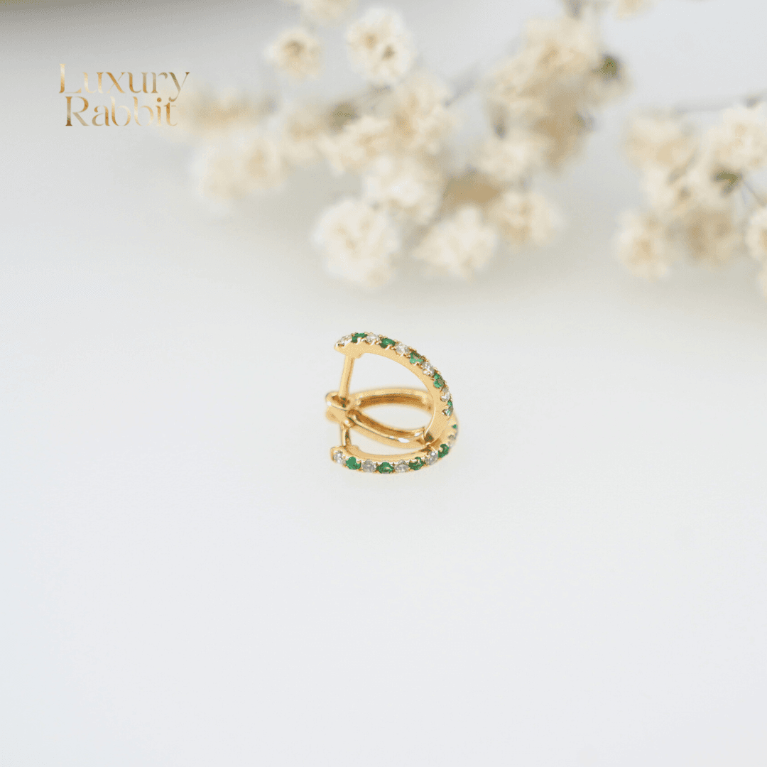 14K Gold Emerald & Natural Diamond Hoop Earrings