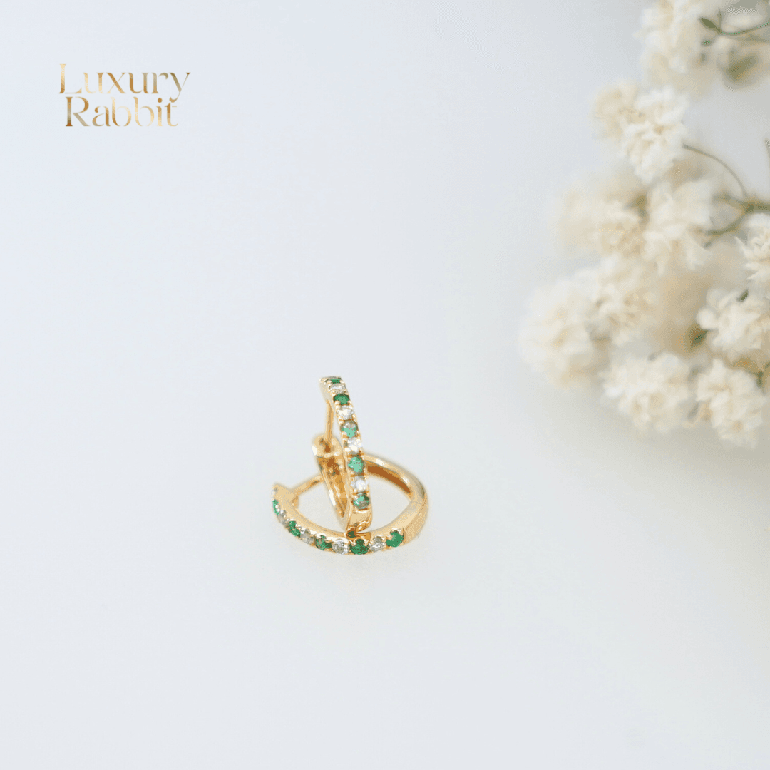 14K Gold Emerald & Natural Diamond Hoop Earrings