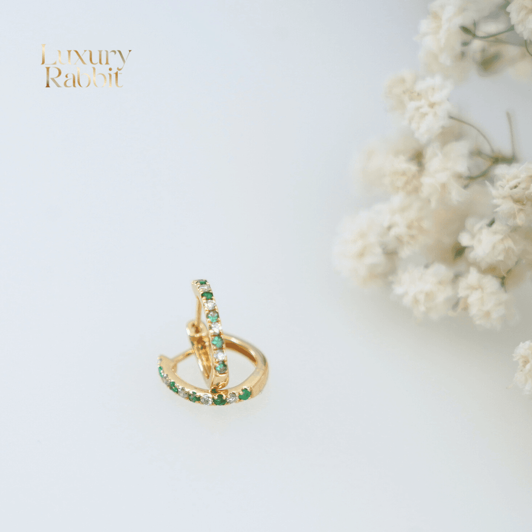 14K Gold Emerald & Natural Diamond Hoop Earrings