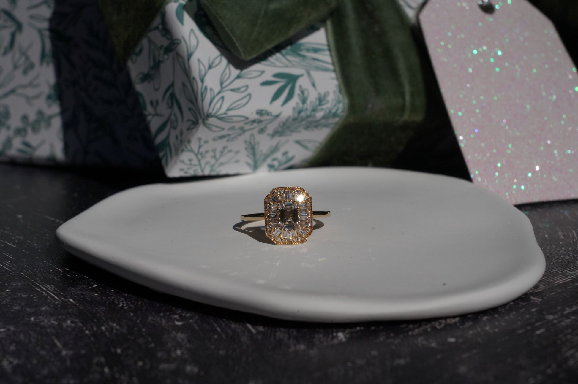 14k Emerald  Halo Dream Ring size 7
